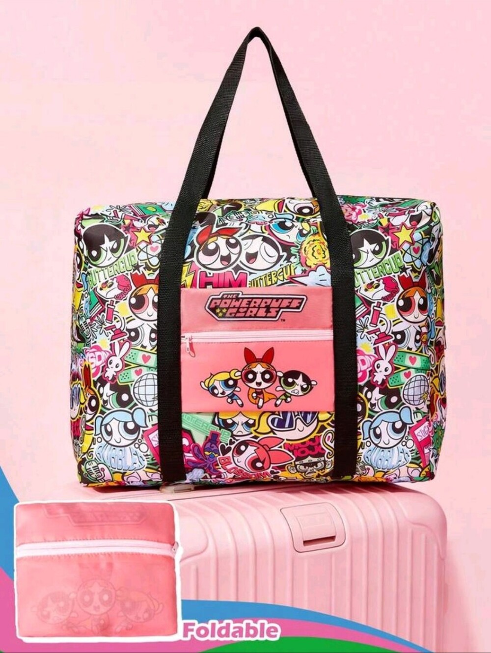 Power Puff Girls Floral Foldable Travel Tote with Red Straps - Picture 2 of 6